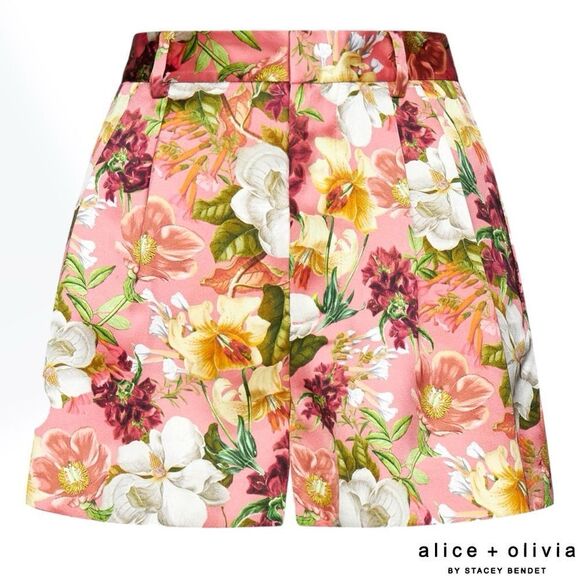 Alice + Olivia **NWT** Conry Pleated Juniper Floral Rose Print Satin Shorts - Picture 2 of 14
